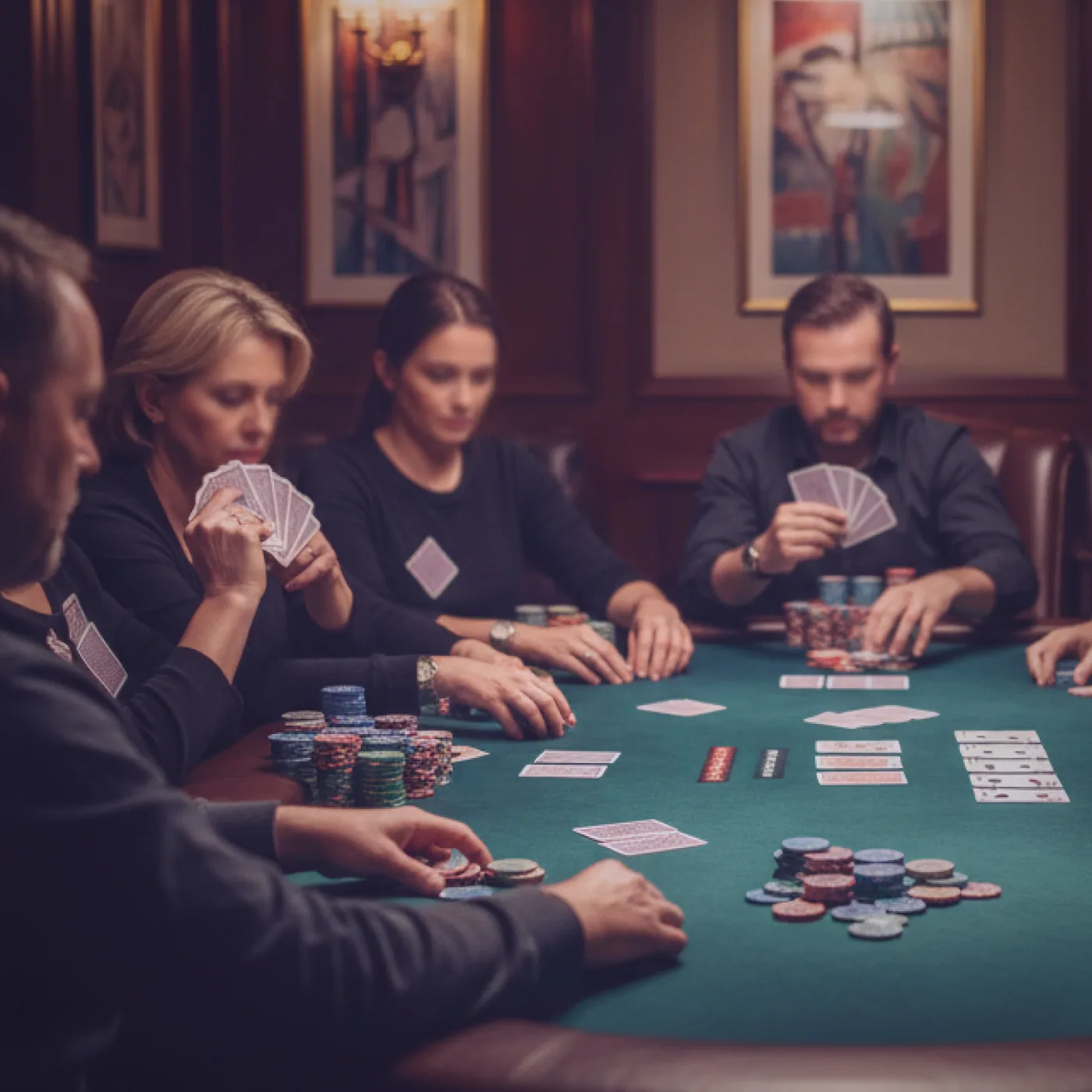 A hand resting on a small stack of chips beside a half-played hand of cards